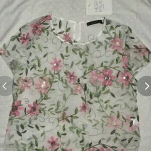 Embroidered Floral Sheer Blouse - Pink & Green